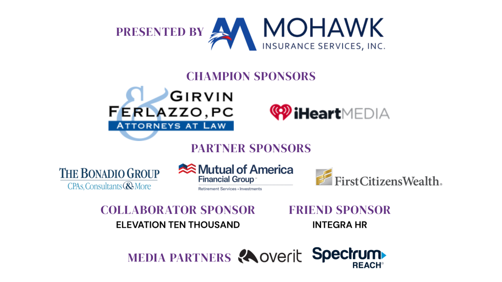Sponsor logos for the fundraising event include Mohawk Insurance Services, Attorneys at Law, iHeart Media, The Bonadio Group, Mutual of America, First Citizens Wealth, Overit, and Spectrum Reach under different sponsor categories.