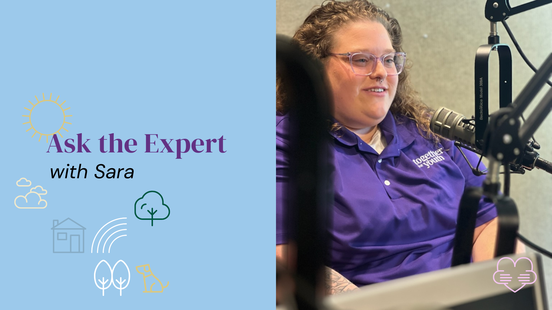 A woman with curly hair and glasses speaks into a microphone in a studio. Text on a blue background reads 